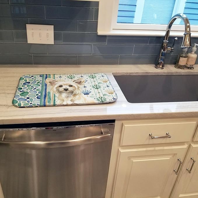 Caroline's Treasures Powderpuff Chinese Crested Coastal Sea Glass Dish Drying Mat Absorbent Dish Drying Mat Pad for Kitchen Counter Dish Drainer Mat for Countertop 14 x 21 Multicolor