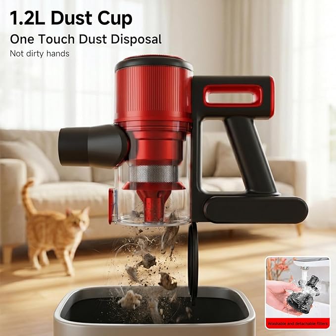 Cordless Vacuum Cleaner for Home - Lightweight Stick Vacuum Clean with Rechargeable Battery Max 45Mins Runtime 8 in 1 Handheld Vacuum for Hardfloor &amp Carpets Pet Hair Red&ampBlack
