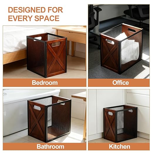 Rustic Office Trash Can - Rectangular Waste Basket with Iron Mesh 4.5 Gallon Wooden Garbage Can Bathroom Garbage Bin with Handles Decorative Trash Can for Home Office Bedroom