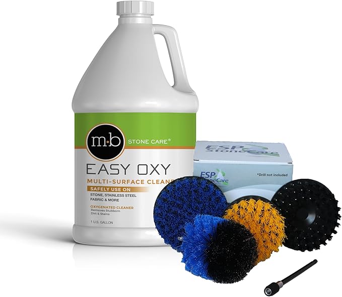 MB Stone Care Easy Oxy Marble Tile Grout Cleaner with Drill Brush KIT - Cleans Granite Stainless Steel Fabric Quartz Glass (Gallon Bundle)