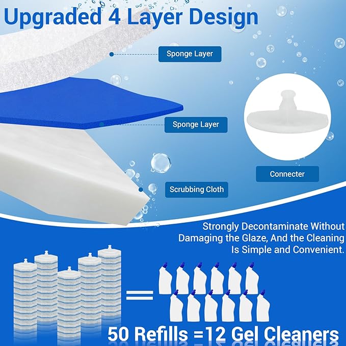 50 Counts Disposable Toilet Bowl Wand Refills 5X Cleaning Power Toilet Cleaner Refill Pads Deep Cleaning No Falling Apart Fresh Fragrance Compatible with Most Toilet Brushes