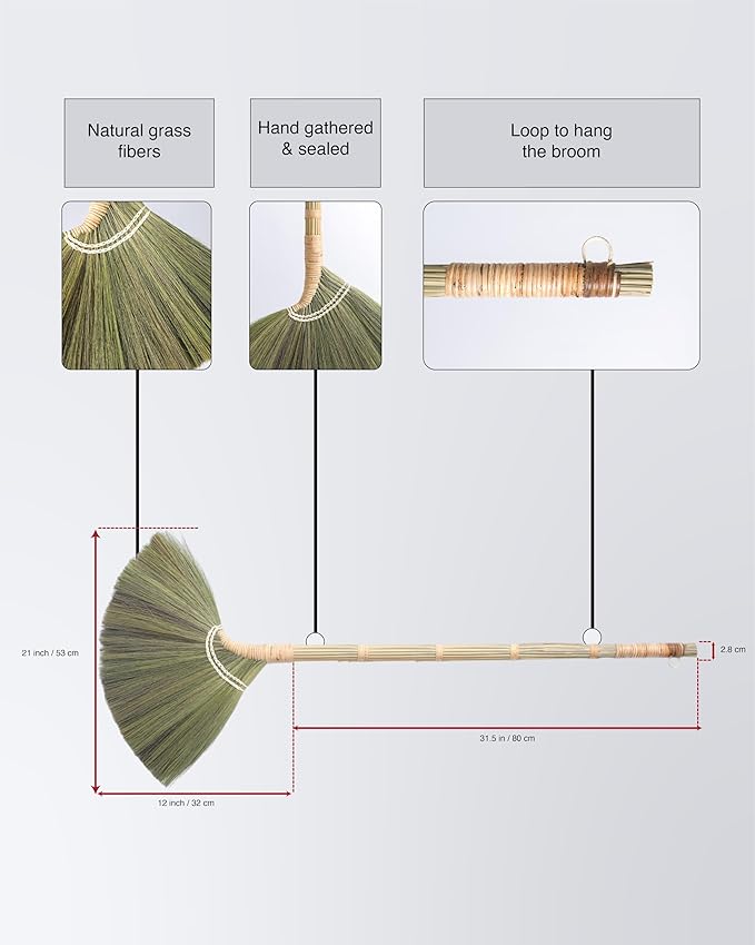 Deluxe Vietnamese Natural Straw Broom /45 Handmade Soft Grass Sweeping Broom for Indoor &amp Outdoor/Beauty of Nature Collection