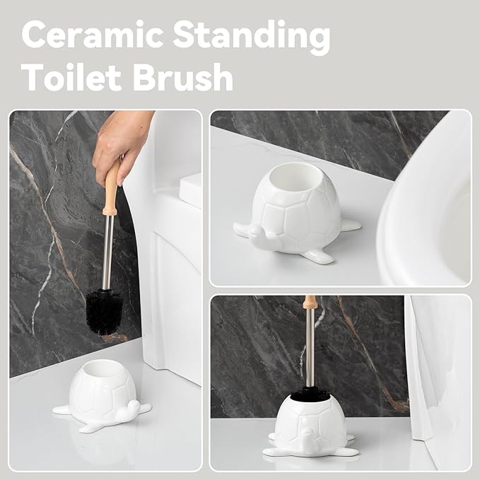 White Ceramic Turtle Base Toilet Brush and Holder Set - 7.5 Cute Toilet Bowl Cleaner Brush Ergonomic Handle Toilet Bowl Brush and Holder for Home &amp Commercial Use Bathroom Brush
