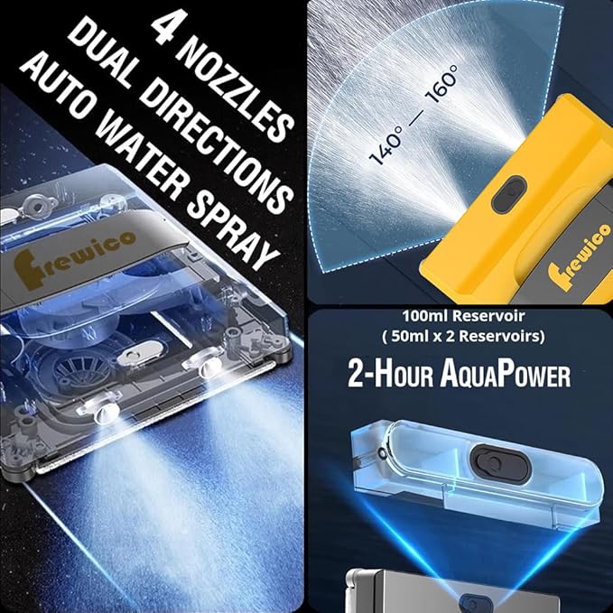 Frewico Smart Window Cleaner Robot with Quad-Stream Ultrasonic Spray 100ml Dual Water Tanks 5600Pa Strong Suction for Frameless Windows &amp High-Rise App/Remote Control Anti-Falling Safety Syste