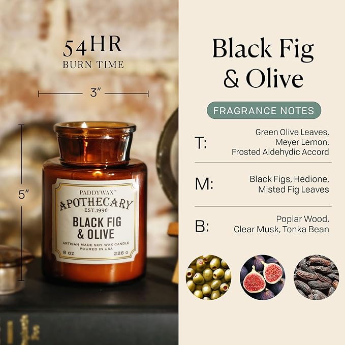 Paddywax Artisan Apothecary Scented Candle with Lid in Reusable Glass Jar Clean-Burn Soy Candle with Approx. 54 Hour Burn Time Black Fig &amp Olive 8 oz