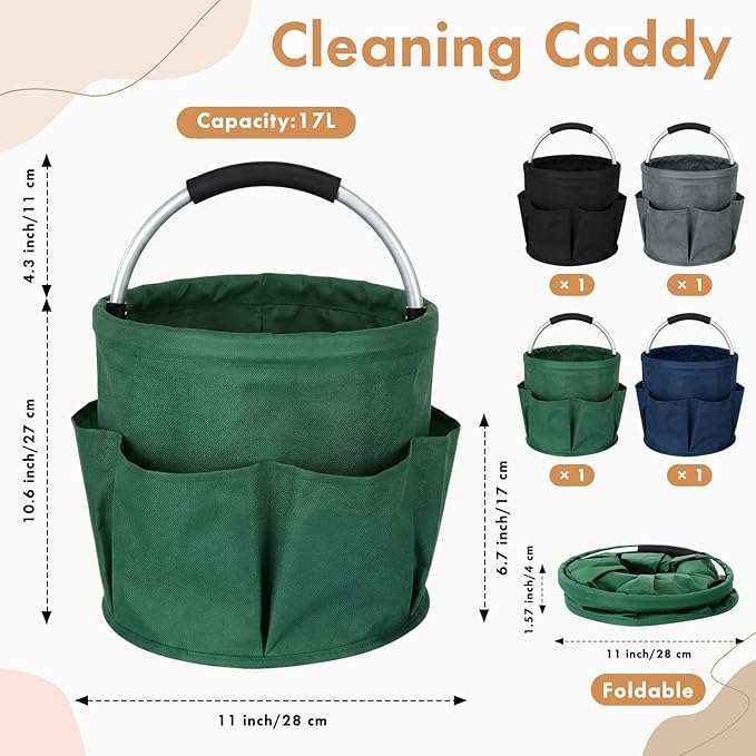 LemonRoad 4 Pack Cleaning Caddy with Handle 17L Foldable Cleaning Supplies Organizer Oxford Cloth Storage Basket with 6 Pockets &amp Soft Grip Portable Multi Bucket Bag for Home Garden(4 Colors)