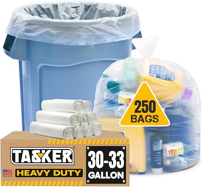 Tasker 30-33 Gallon Clear Trash Bags Heavy Duty (Mega ValuePack 250 Bags) Large Plastic Bags Great for Recycling 30 Gallon - 32 Gallon - 35 Gallon. Clear Large Trash Bags