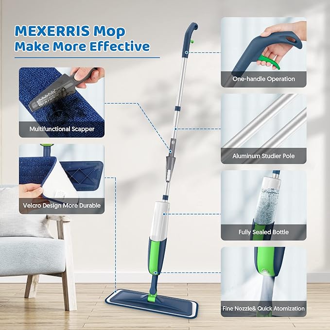 Spray Wet Mops for Hardwood Floor Cleaning: MEXERRIS Floor Mop with 5 Washable Pads for Swiffer Powermop &amp 2 Refillable Bottles - Home Commercial Dust Dry Mops for Wood Laminate Vinyl Tiles Cerami