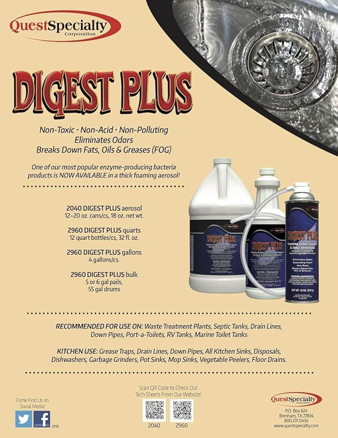 Quest Specialty DIGEST PLUS Foaming Drain Cleaner and Odor Eliminator 2 count