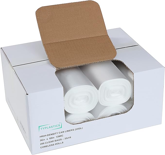 TYPLASTICS 55 Gallon Clear Trash Can Liners - 36 x 60 - High Density Garbage Bags - Case of 200 - Multipurpose for Office Outdoor Recycling Industrial and Commercial (Pack of 2)