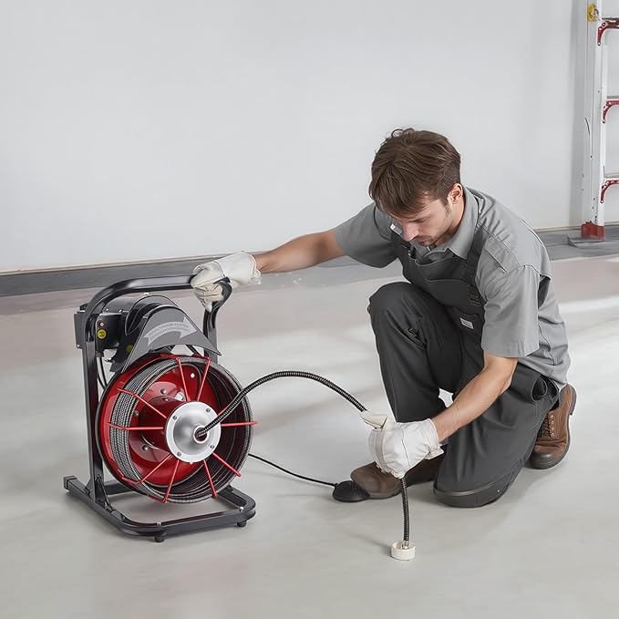 VEVOR Drain Cleaner Machine 75 FT x 3/8 Inch Sewer Snake Auger Manual Feed with 4 Cutters &amp Air-activated Foot Switch for 2 to 4 Pipes