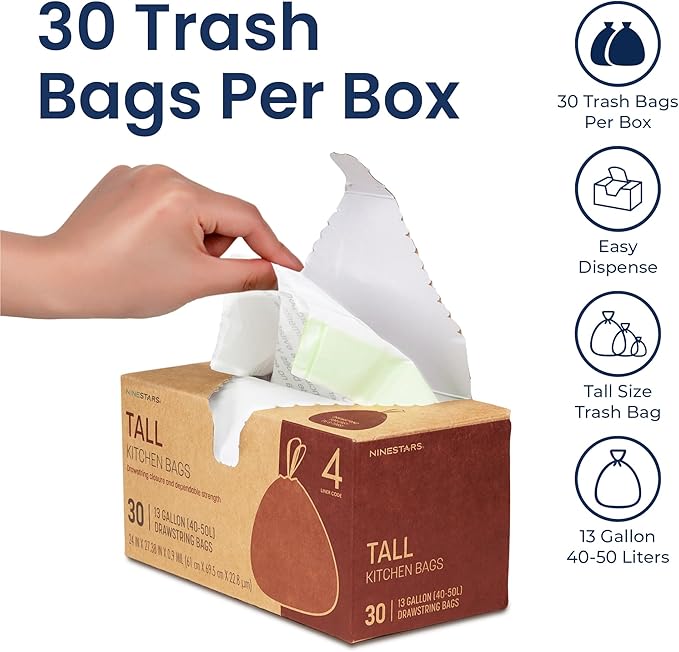 NINESTARS 13 Gallon Extra Thick Drawstring Trash Bags Heavy Duty Leak-Proof White Plastic Garbage Bags for Kitchen Bathroom or Office 90 Count