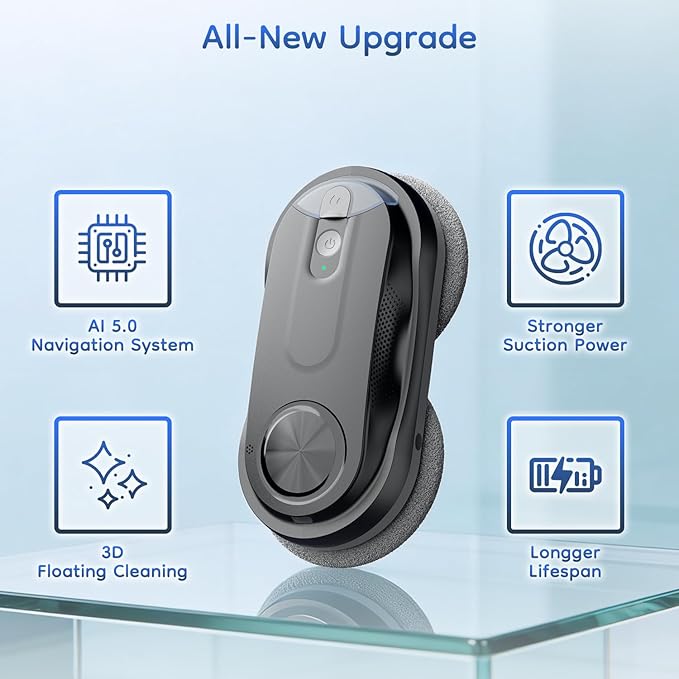 Obito X3 Window Cleaning Robot Dual Nozzles with Ultrasonic Spray 5.0 AI Path Planning Max 3200Pa &amp Steady-Climbing System Automatic Edge Detection Robot Window Cleaner Inside/Outside Black