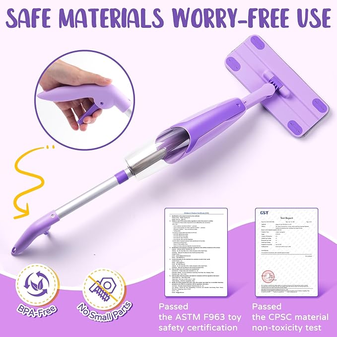 Purple Mini Spray Mop for Toddler-Montessori Cleaning Toy That Real Spray WaterPretend Playhouse Essentials for Girls Ages 3-8Toddler Educational Housekeeping Set