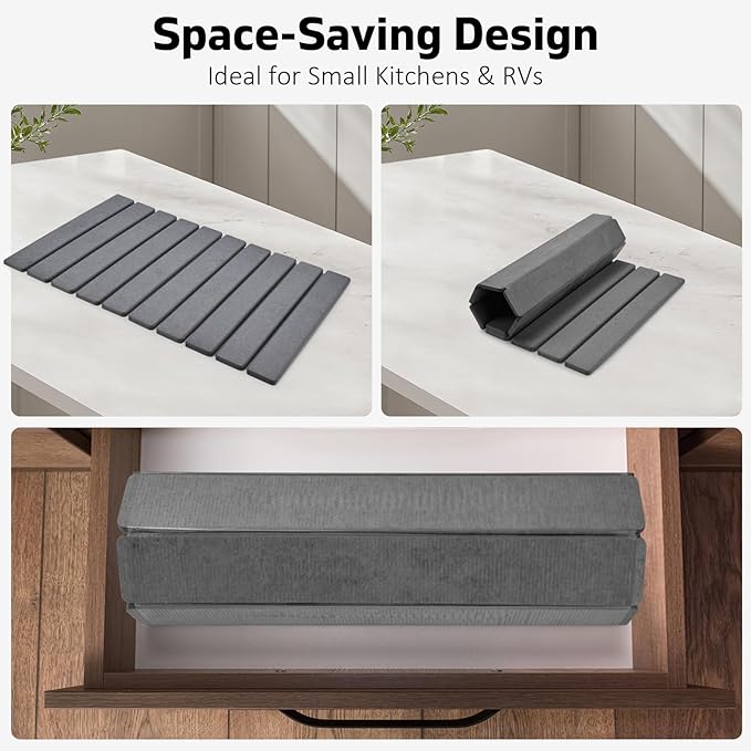 Large Stone Dish Drying Mats for Kitchen Counter 24(L)×16(W) Fast Drying Collapsible Mat Eco-Friendly Absorbent Diatomaceous Earth Mats for Dishes Bottles Match Any Countertop【Dark gray】