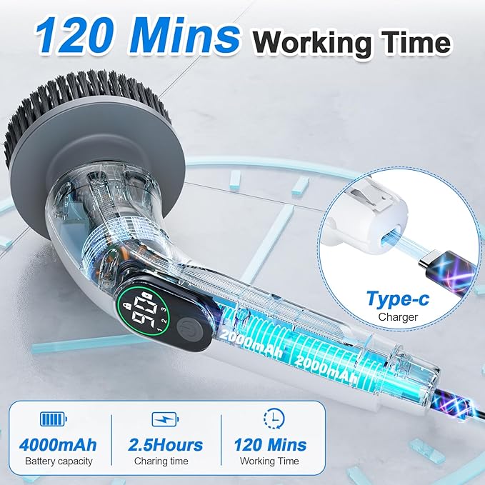 Electric Spin Scrubber 550 RPM Cordless Home Cleaning Brush with Extended Handle 3 Speeds 8 Replacement Heads IPX7 Waterproof LCD Display – Power Shower Scrubber for Bathroom Tub Floor Tile