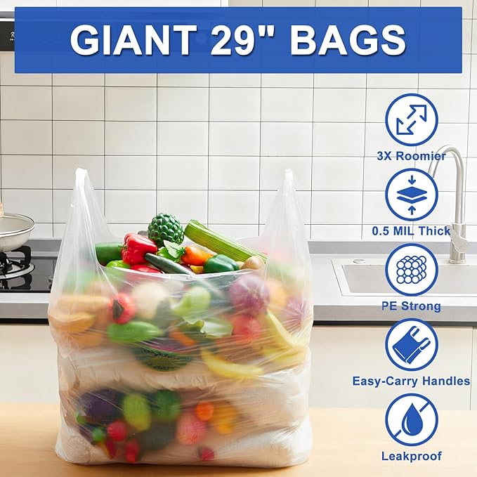 300 Pack 29 x 16 x 6 Inch Extra Large White Plastic Shopping Bags(0.5 Mil Thick) Reusable Heavy Duty Large T-Shirt Grocery Bags Bulk with Handles for Restaurant Retail Business
