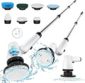 Electric Spin Scrubber Cordless Cleaning Brush with 7 Replaceable Brush Heads &amp Adjustable Extension Handle 2 Speed Power Shower Scrubber for Bathroom Tub Tile Floor (White)