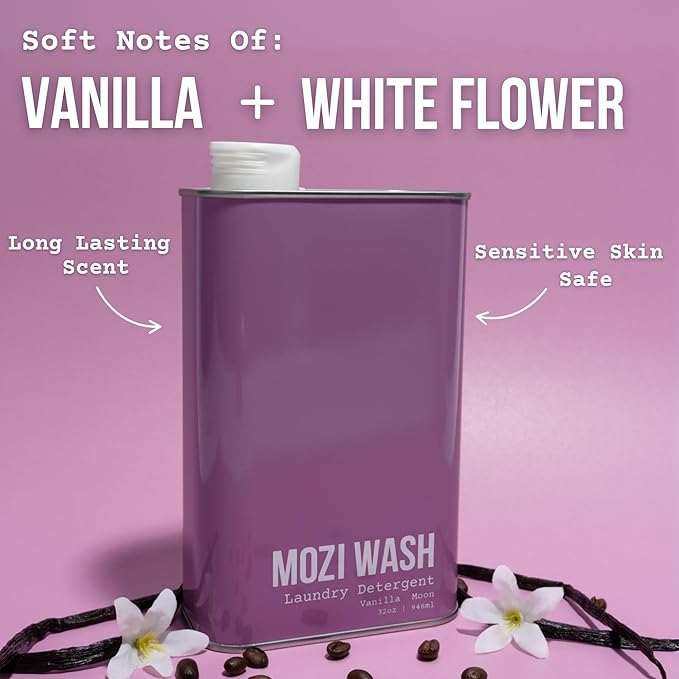 Mozi Wash Laundry Detergent Liquid Vanilla Moon 50+ Loads Concentrated Plant Based Cruelty &amp Dye Free Phosphate &amp Paraben Free Earth Friendly Long Lasting Fresh Scent 32 oz Recyclable