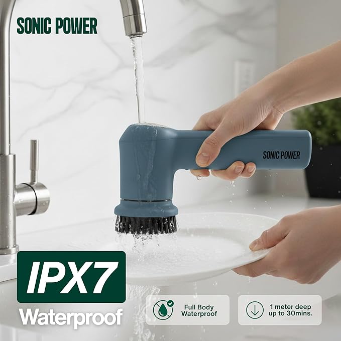 Electric Spin Scrubber – Handheld &amp Ergonomic IPX7 Waterproof 4 Multi-Purpose Brush Heads Long-Lasting Rechargeable Battery – Cleans Dishes Bathroom Tile Grout &amp Kitchen (Steel Blue)