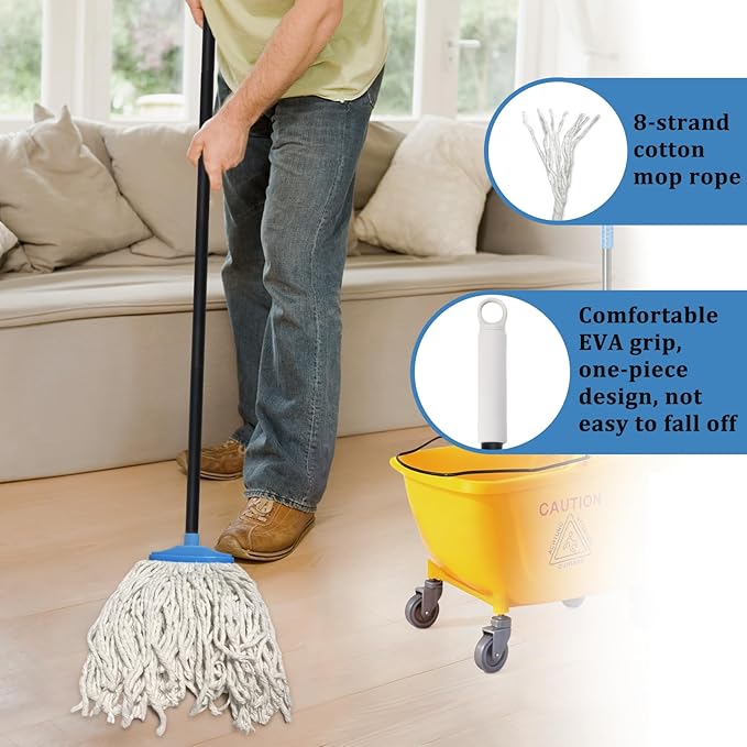 Indoor Cotton Mops for Floor Cleaning - 53 Adjustable Iron Handle Regular Mops to Clean Wood Floors Tile Hardwood FloorIndoor Cleaning Mop for Living Room Kitchen and Bathroom. (Blue White