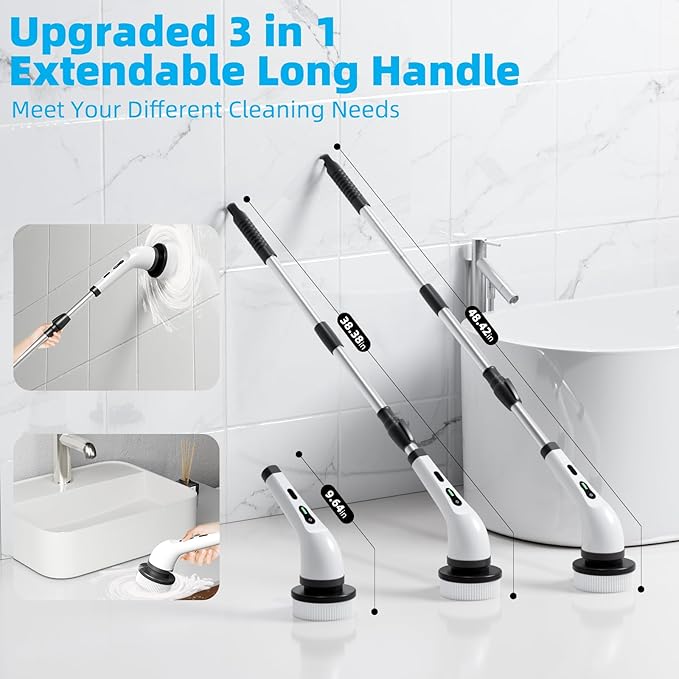 Electric Spin Scrubber Cordless Electric Scrubber for Cleaning Bathroom with Long Handle Electric Shower Scrubber Power Cleaning Brush with 9 Brush Heads for Bathtub Tile Floor Car