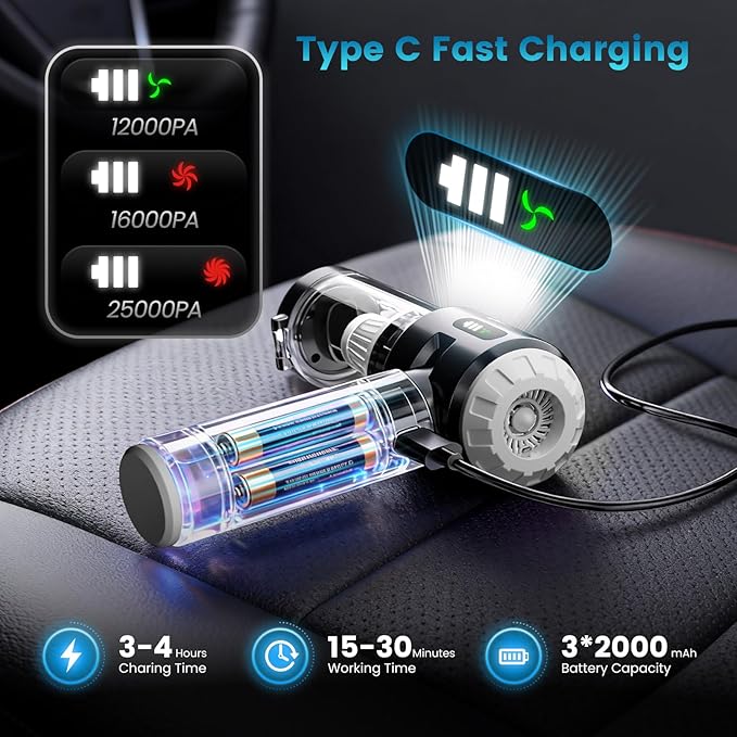 Wansimoo Handheld Car Vacuum Cleaner25000PA Strong Cyclonic Suction Foldable Mini Vacuum Portable Cordless with Digital Display and One Touch Dust Removal for Car Home Office Kitchen (Silver)