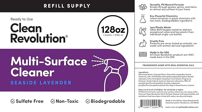 Clean Revolution Multi Surface Cleaner Refill Supply Non-Toxic Eco-Friendly &amp Plant-Based Ready to Use Seaside Lavender 128 Fl Oz (Pack of 4)