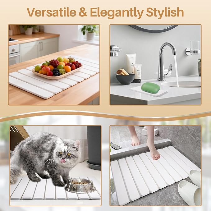 2 PCS Quick Dry Stone Dishes Mats for Kitchen CounterCollapsible Quick Drying Dish MatsUltra Absorbent Diatomaceous Earth Mats for Dishes Bottles Cups Match Any Countertop（White 24×16&amp 8x4）