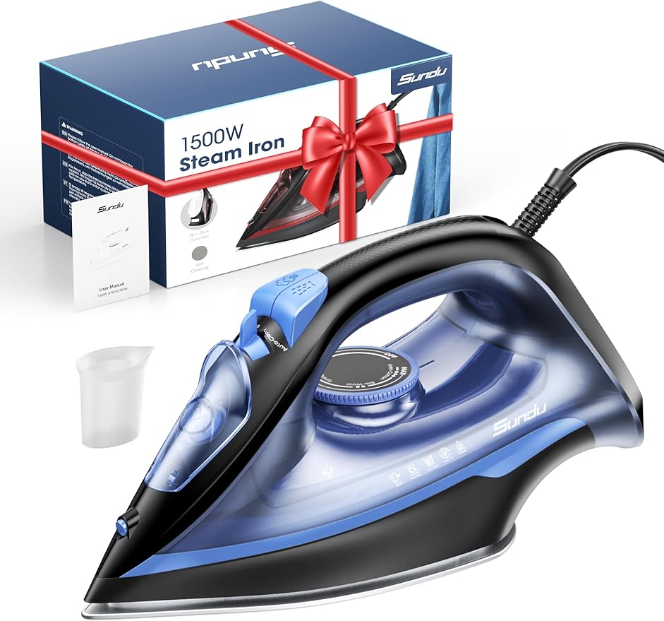 1500-Watt Steam Iron with Ceramic-Coated Soleplate and Burst Steam 3-Way Auto-Off Temperature Settings for Variable Fabric