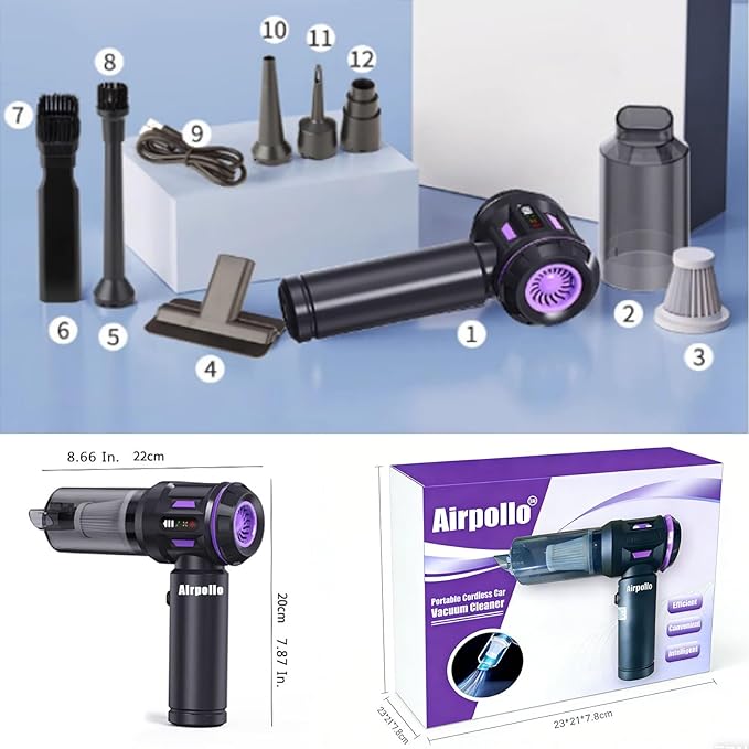 Airpollo® Car Vacuum Portable Cordless Handheld Cleaner Aspiradora para Carro 4 in 1 with LED Screen V2 Portable 29000 Pa Suction Air Blower Rechargeable High Power for Home Long Lasting Battery