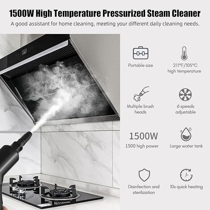 1500W Portable Handheld Steam Cleaner - 105℃ High Temperature Deep Cleaning with Removable Tank and 3 Brushes for Kitchen Bathroom Car Windows (US plug)