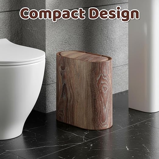 Bathroom Trash Can with Pop-Up Lid Lids Small Garbage Bin Plastic Marble Wood Pattern Trashcans Removable Liner Bucket Wastebasket Modern Narrow Waste Basket for Home Kitchen Bedroom Office