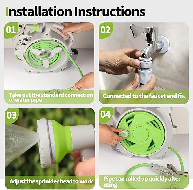 Garden Retractable Hose Reel Portable Simple Home Hose Reel 45+5 FT with 7 Patterns Spray Nozzle Wall Mounted and Any Length Lock for Garden Watering Car Washing Pet (Green)
