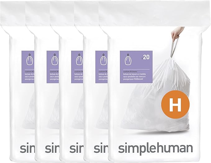 simplehuman Code H 100 Count Dispenser Pack Custom Fit Liners Drawstring Trash Bags 30-35 Liter / 8-9 Gallon White