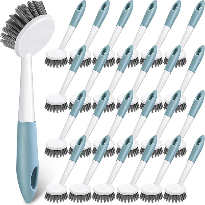 Patelai 24 Pack Kitchen Scrub Dish Brush with Long Handle Dish Scrubber with Stiff Bristles Scrub Brushes for Kitchen Dishes Washing Tools Pots Pans and Sink Cleaning (Celadon)