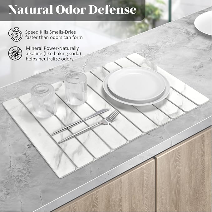 Large Stone Dish Drying Mats for Kitchen Counter 24(L)×16(W) Marble-Pattern Fast Drying Collapsible Dish Drying Mat Eco-Friendly Absorbent Diatomaceous Earth Mats for Match Countertop