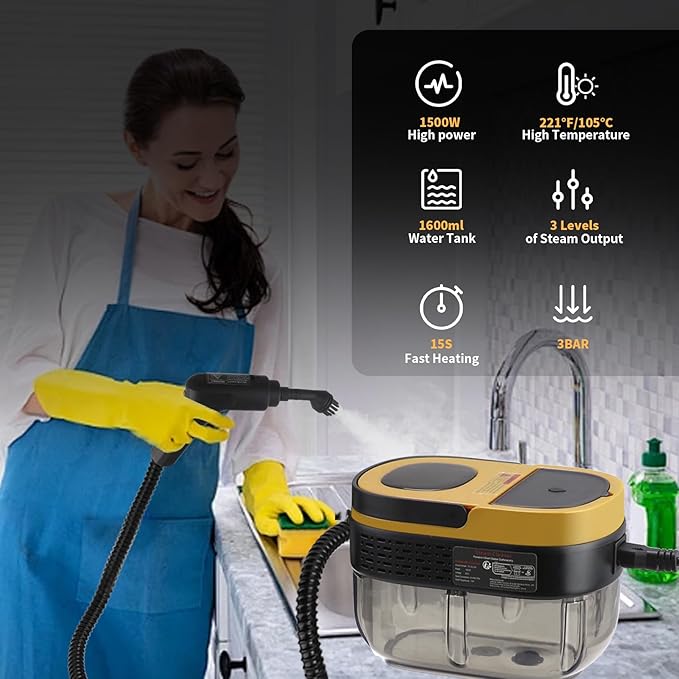 Steam Cleaner 3-Level Adjustable Handle 15s Heat-Up 1.69 Quarts Tank Portable Steamer for Cleaning with 10 Accessories Steam Cleaner for Home for Dirt (Yellow)