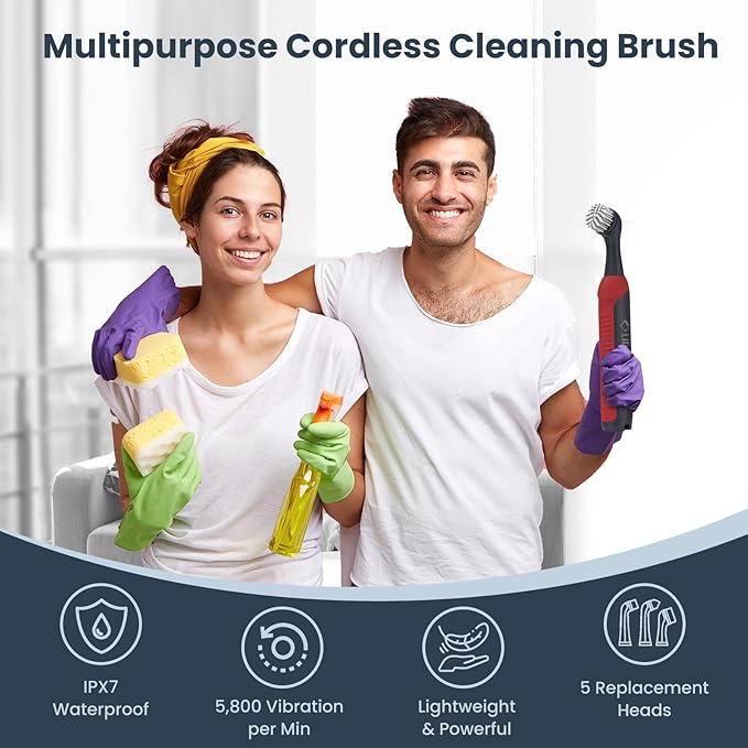 LifeBasis Rechargeable Power Scrubber 11-Piece Kit Cordless Electric Cleaning Brush IPX7 Waterproof Electric Grout Brush for Home Kitchen Bathroom Grout Tile Shower Tub Red