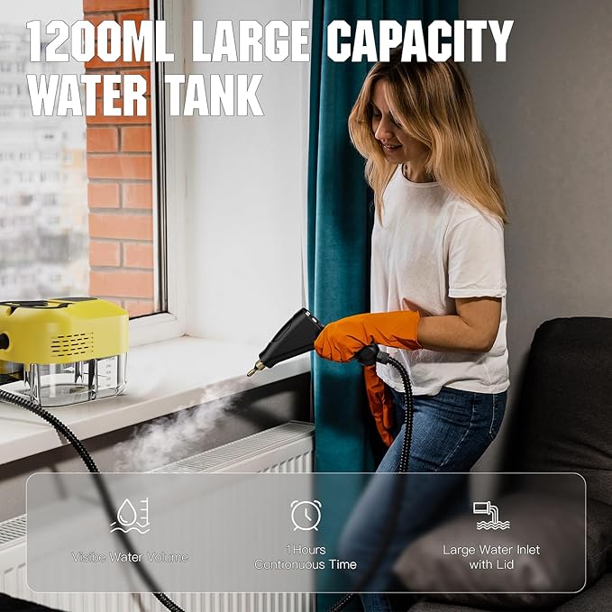 Steam Cleaner for Home＆Kitchen 212°F High Temperature 1200ML Tank Portable Handheld Steam Cleaner for Car Carpet Detailing Window Floor Couch Grease Tile Pressurized Steamer for Cleaning