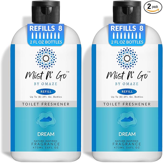 Mist N' Go by OMAZE Bathroom Odor Spray for Toilet Spray Refill Bottle - Multitasking Toilet Spray - Bathroom Spray Odor Eliminator for Strong Odors | Dream 16oz (2 Pack)