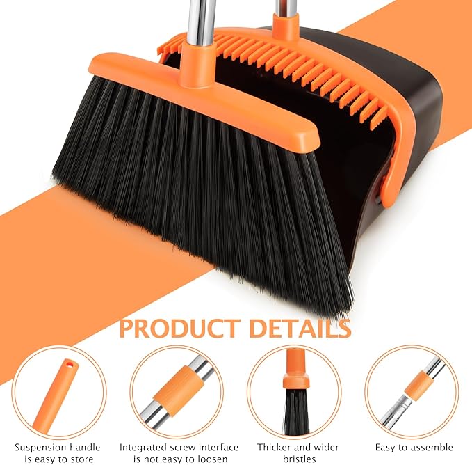 2-Pack Broom and Dustpan Set with Long Handle Heavy Dust Broom and Dustpan Combo for HomeKitchen Office Pet Hair (Brown Orange)