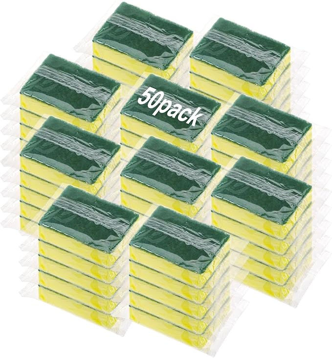 50 Pcs Individually Wrapped Sponges Uncompressed Non Scratch Scrouing Sponges for Household Cleaning Dishes Kitchen Airbnb Apartment Car Bike Green