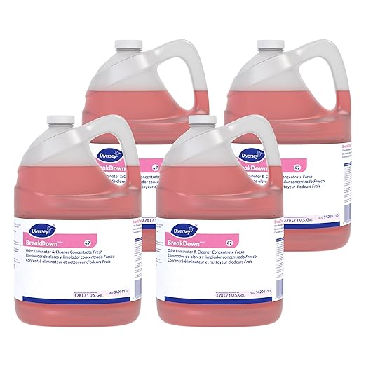 Diversey 94291110 Breakdown Odor Eliminator Enzyme Eliminates Odors &amp Stains on Hard Surfaces &amp Carpet Fresh Scent Concentrate 1-Gallon (Pack of 4)