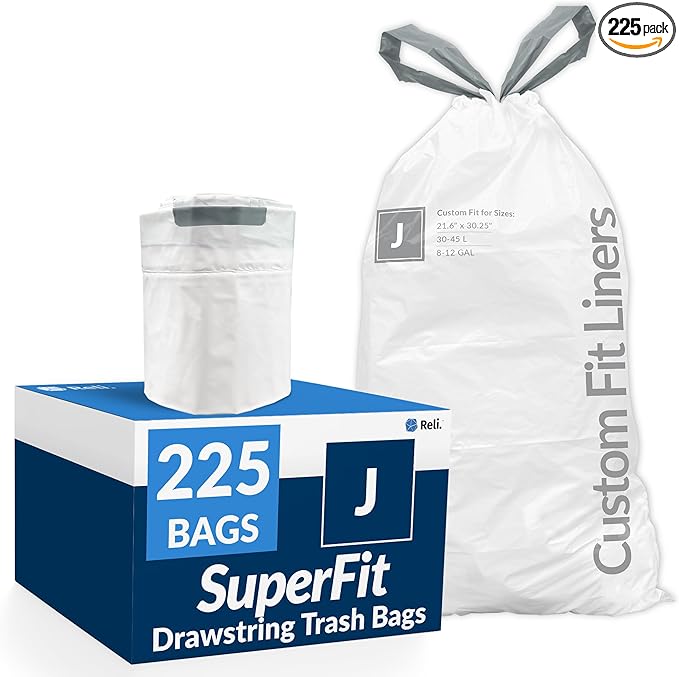 Reli. SuperFit Code J (225 Count) | Compatible with Simplehuman Code J | Custom Fit Liners | Drawstring Trash Bags | 30-45 Liter / 8-12 Gallon | White | Roll Pack