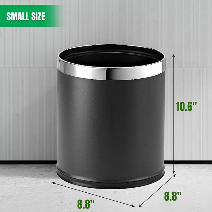 'Invisi-Overlap' Metal Trash Can Open Top Small Office Wastebasket Round Shape (Black)