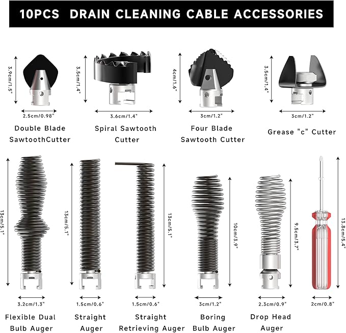10-Piece Drain Cleaning Kit Clog Removal Set with Heavy-Duty Plunger Auger Snake Wrench &amp Tools for 5/16-inch to 3/4-inch Drain Snake Cable – for Sink Toilet Shower &amp Drainpipes