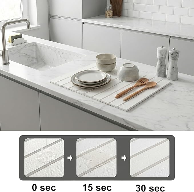 Stone Dish Drying Mat for Kitchen Counter – Large 24×16 Instant-Dry Diatomaceous Earth Drying Mat Foldable Quick-Dry Dish Drying Pad Easy-Clean Kitchen Mat