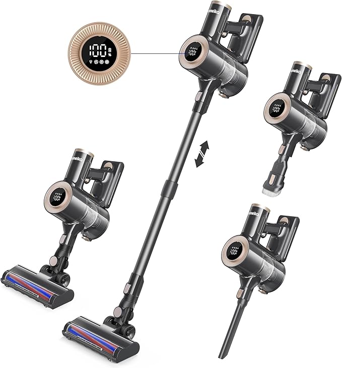 Cordless Vacuum Cleaner 28Kpa Powerful Suction with LED Display 8 in 1 Lightweight Stick Vacuum 50 Min Runtime Detachable Battery 1.5L Dust Cup for Carpet and Hard Floor Pet Hair Black