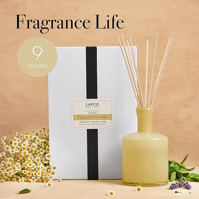 LAFCO New York Signature Reed Diffuser Chamomile Lavender - 15 oz - Up to 9 Months Fragrance Life - Reusable Hand Blown Glass Vessel - Natural Wood Reeds - Made in The USA